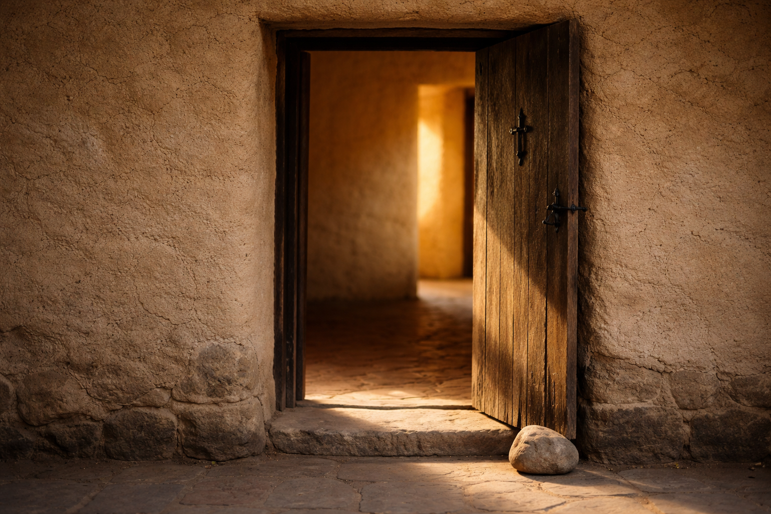 A heavy wooden door in a thick adobe wall, propped open. Afternoon light pours through the doorway onto a worn stone threshold, smooth from years of footsteps. The interior beyond is warm and softly lit.