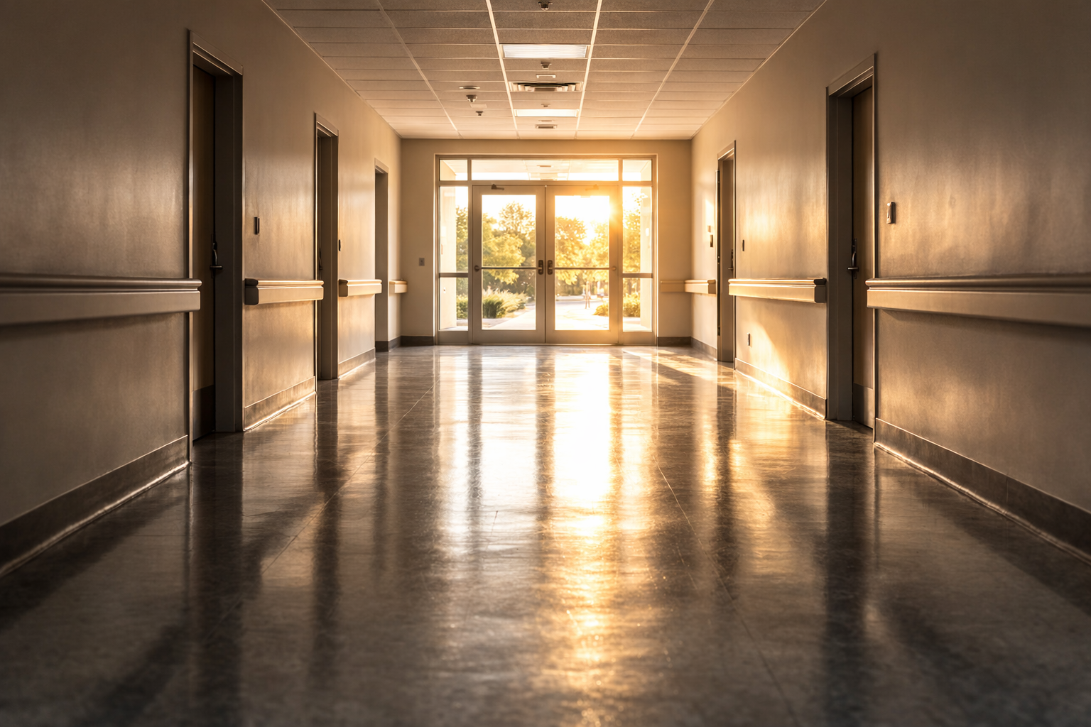 A quiet hospital corridor seen from the inside, looking toward glass exit doors at the far end. Warm natural light pours through the doors. The hallway is empty and still.