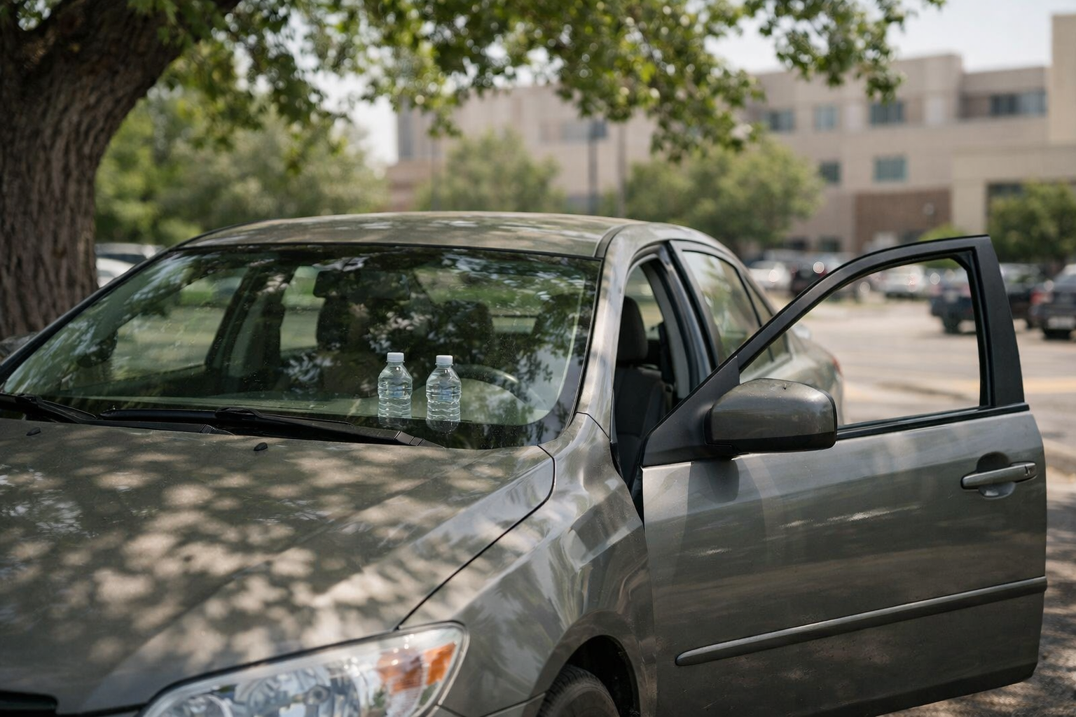 A car parked under a cottonwood tree in a hospital parking lot. The passenger door is slightly open. Dappled shade across the hood. Two water bottles in the cup holders visible through the windshield.
