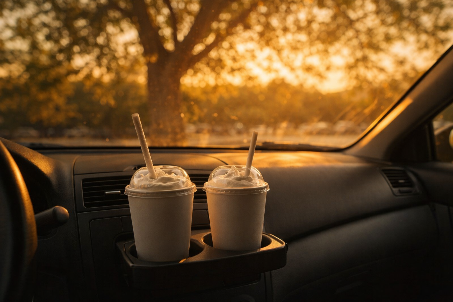 Two milkshakes in paper cups sitting on a car dashboard. Through the windshield, a cottonwood tree in afternoon light. The windows are cracked open.