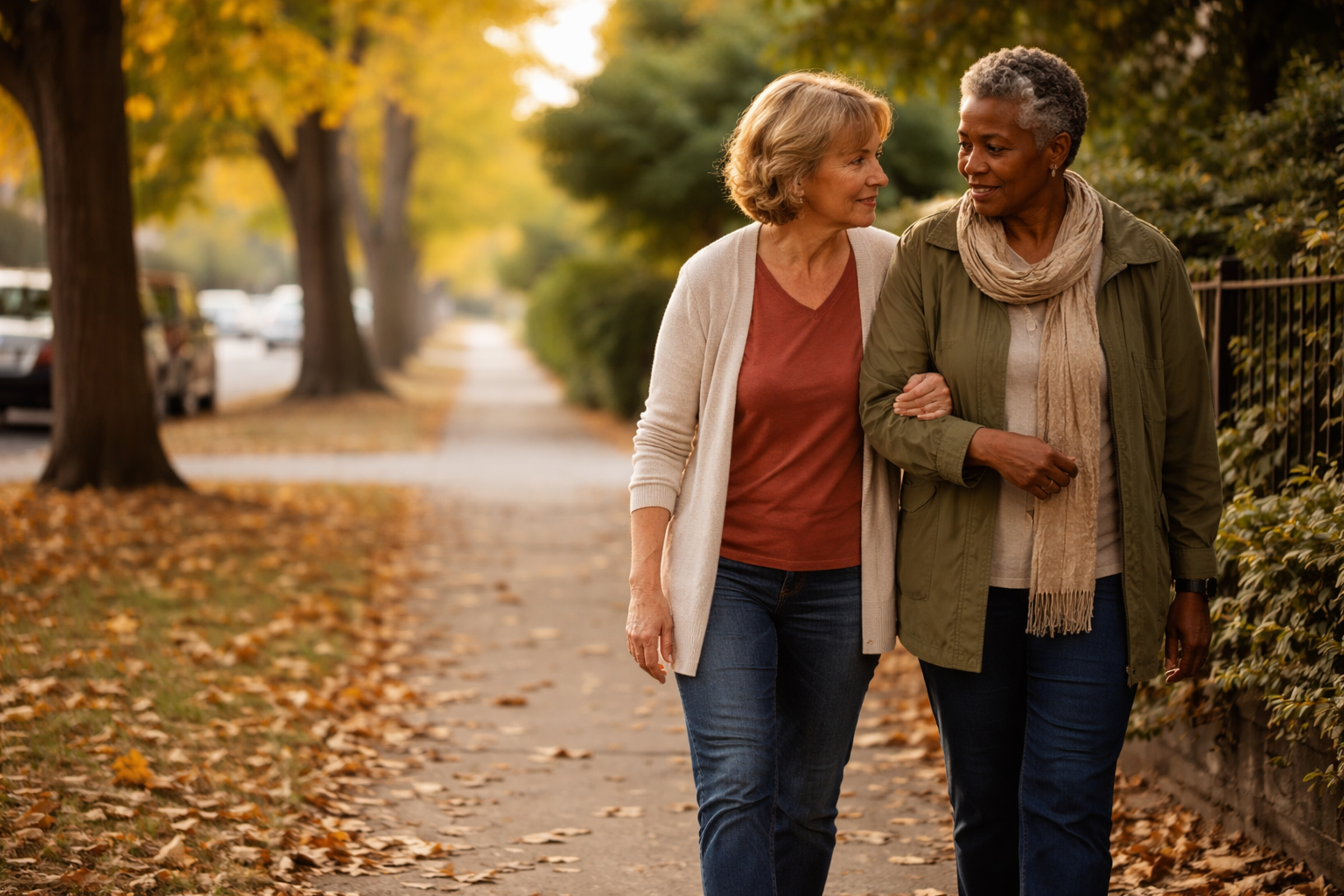 Two people walking slowly together on a quiet residential sidewalk in autumn.