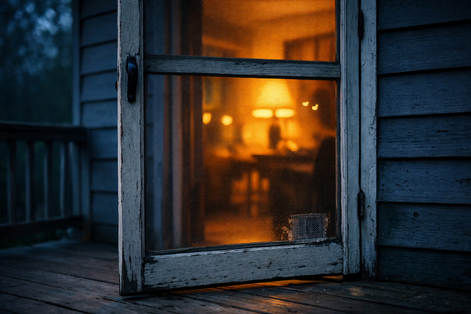 A screen door on a front porch, slightly ajar. Cool blue-grey dusk on the porch. Through the door, the interior of a home glows with warm golden light.