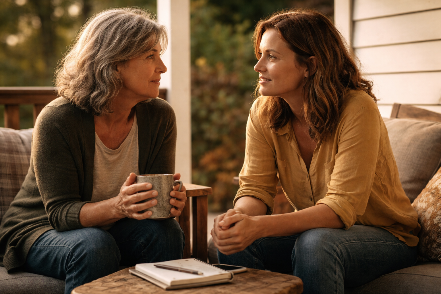 Two women sitting together on a porch in late afternoon light, turned toward each other in quiet, comfortable conversation. A mug is held in one pair of hands. A notebook rests nearby.