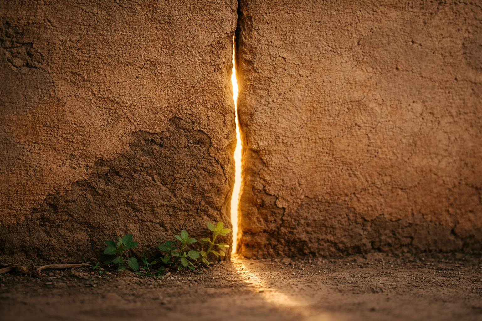 A narrow crack in a thick adobe wall with golden light streaming through. A small green plant grows at the base of the crack.