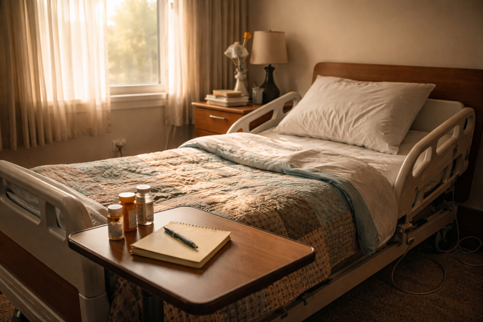 A quiet home bedroom in warm morning light with a bedside table and a single wildflower.