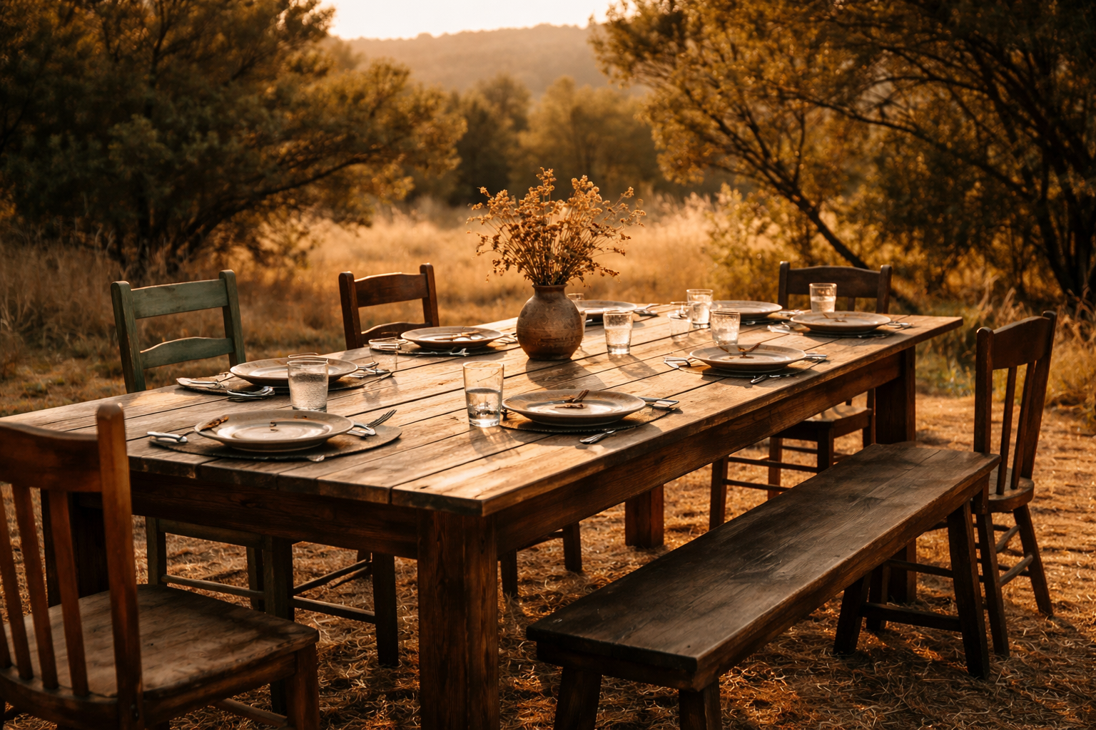 A long wooden table set outdoors in golden New Mexico light. Simple plates and glasses for many. Mismatched chairs — a bench, a ladder-back, a painted chair. Dried wildflowers in a clay jar. No one has sat down yet.
