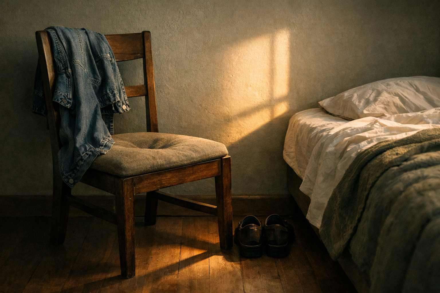 A simple wooden chair beside a bed in morning light. A denim jacket draped over the back. Shoes placed neatly on the floor. The cushion holds the indent of someone who was here all night.