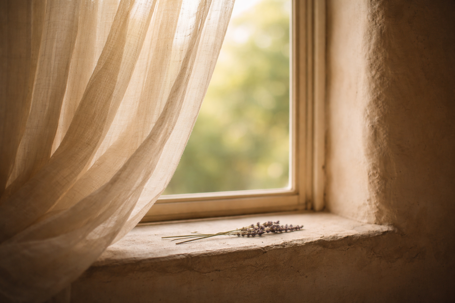 An adobe window with lavender on the sill. A linen curtain moves gently in a breeze. Soft afternoon light fills the room.