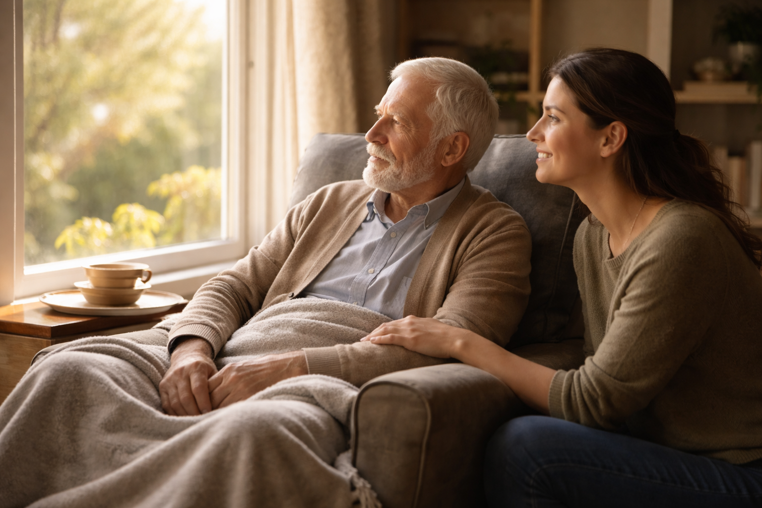 An older man resting comfortably by a window at home while a younger woman sits nearby with a gentle, supportive hand on his forearm.